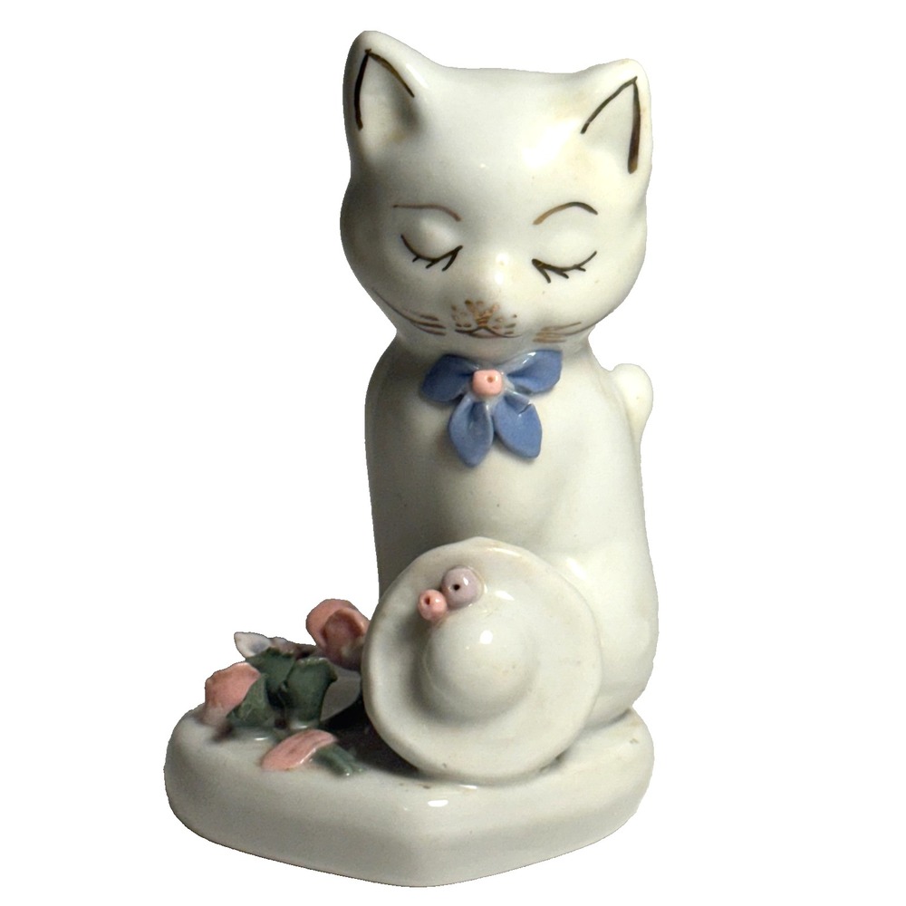 Ceramic Cat Bowing With Hat & Flowers‎ Figurine - Porcelain Kitten, Miniature